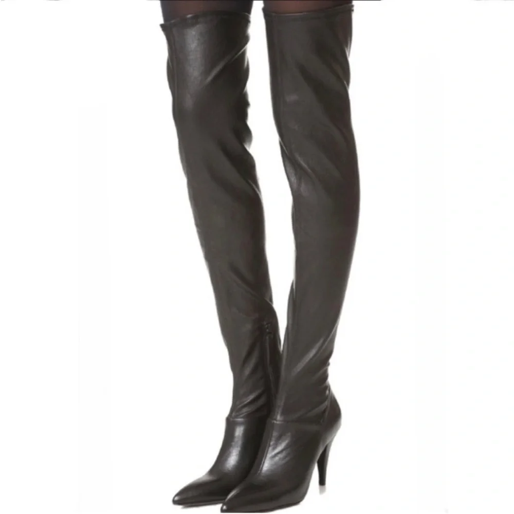 Alice + Olivia DAE Stretch Over‎ The Knee Boots Black Leather Size US 8 Rare